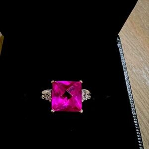 Jared 14k White Gold Square Pink Sapphire with diamonds and fused 14k 2mm band